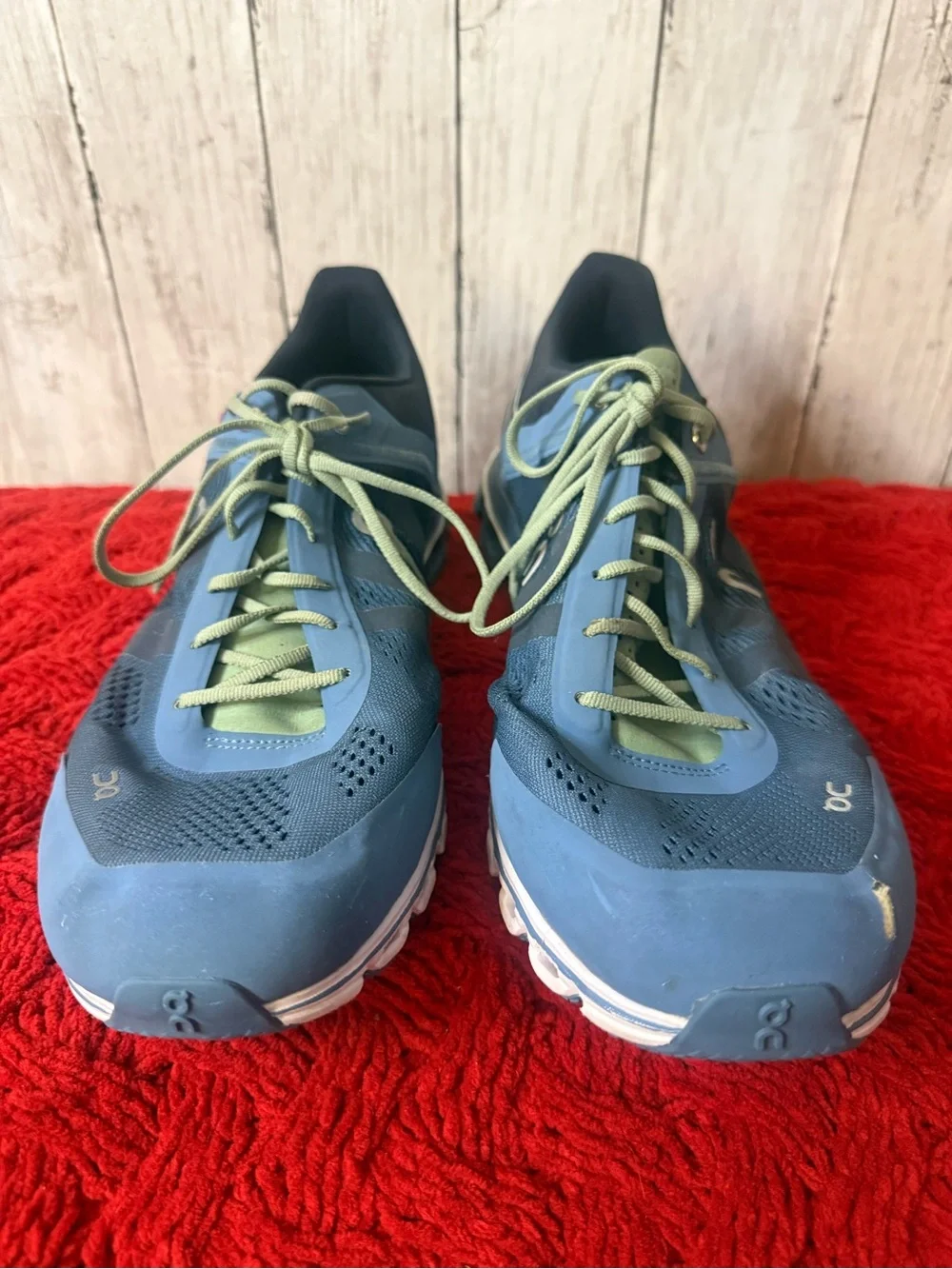 ON Cloudflow Running Shoes Mens 12.5 Blue Green Stripe Athletic Sneakers